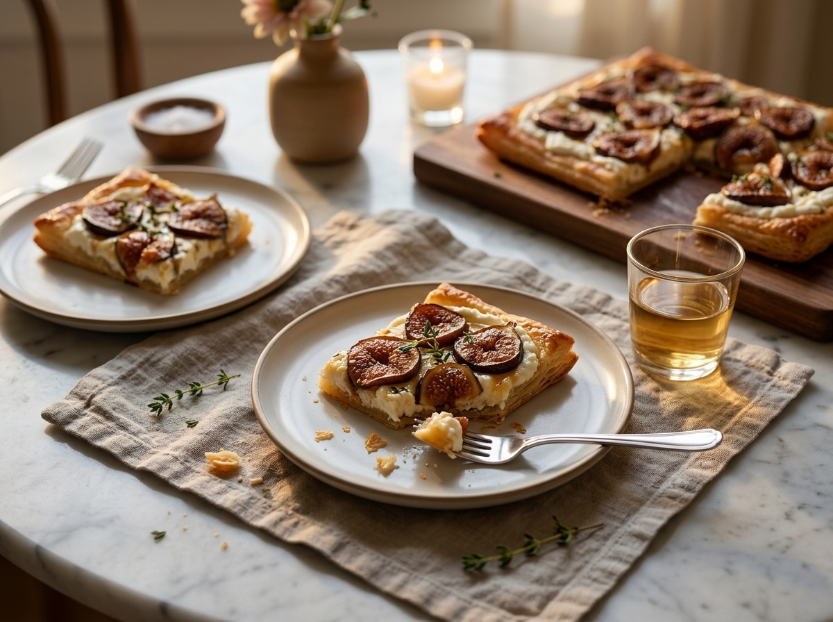 Two plates of fig and ricotta tart on a linen napkin with glasses of dessert wine in warm afternoon light