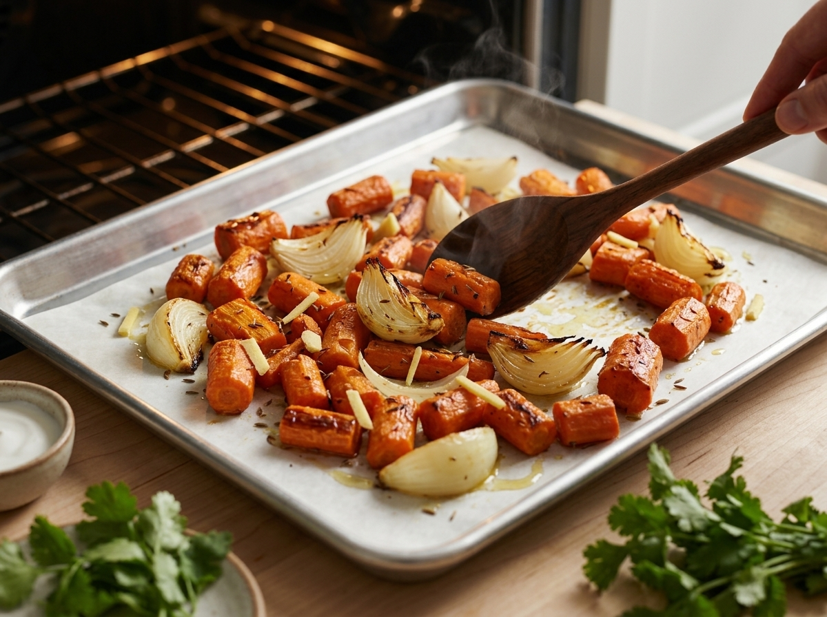 Caramelized carrot chunks and onion wedges roasting on a parchment-lined sheet pan with charred edges visible.