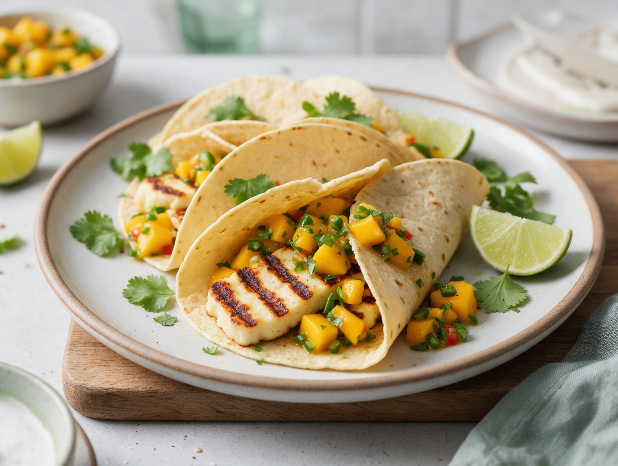 Overhead shot of grilled halloumi tacos with char-striped cheese, bright mango salsa, and lime wedges on a wooden board.