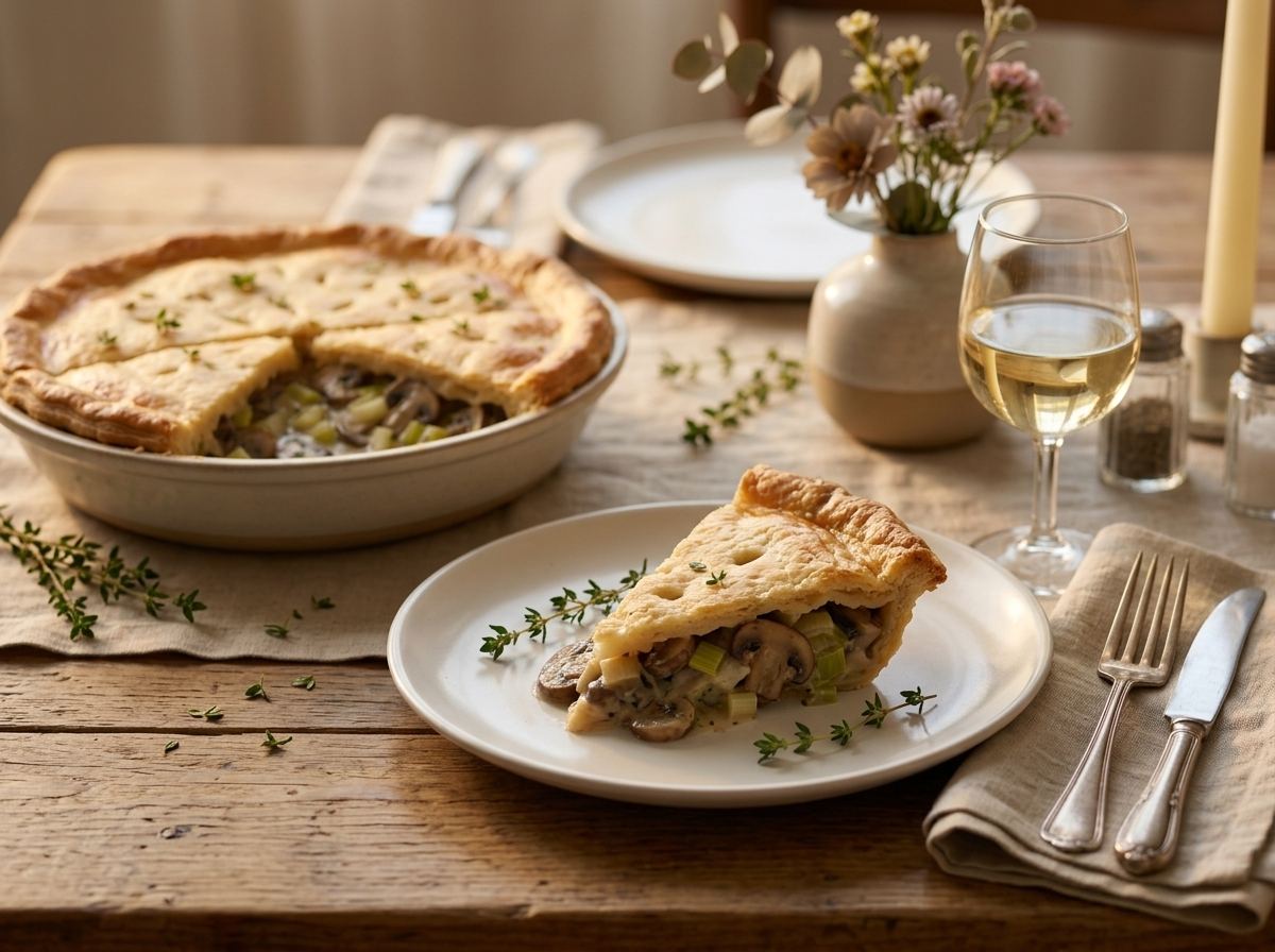 A slice of mushroom and leek pie lifted onto a plate beside a glass of white wine and linen napkin at a set table.