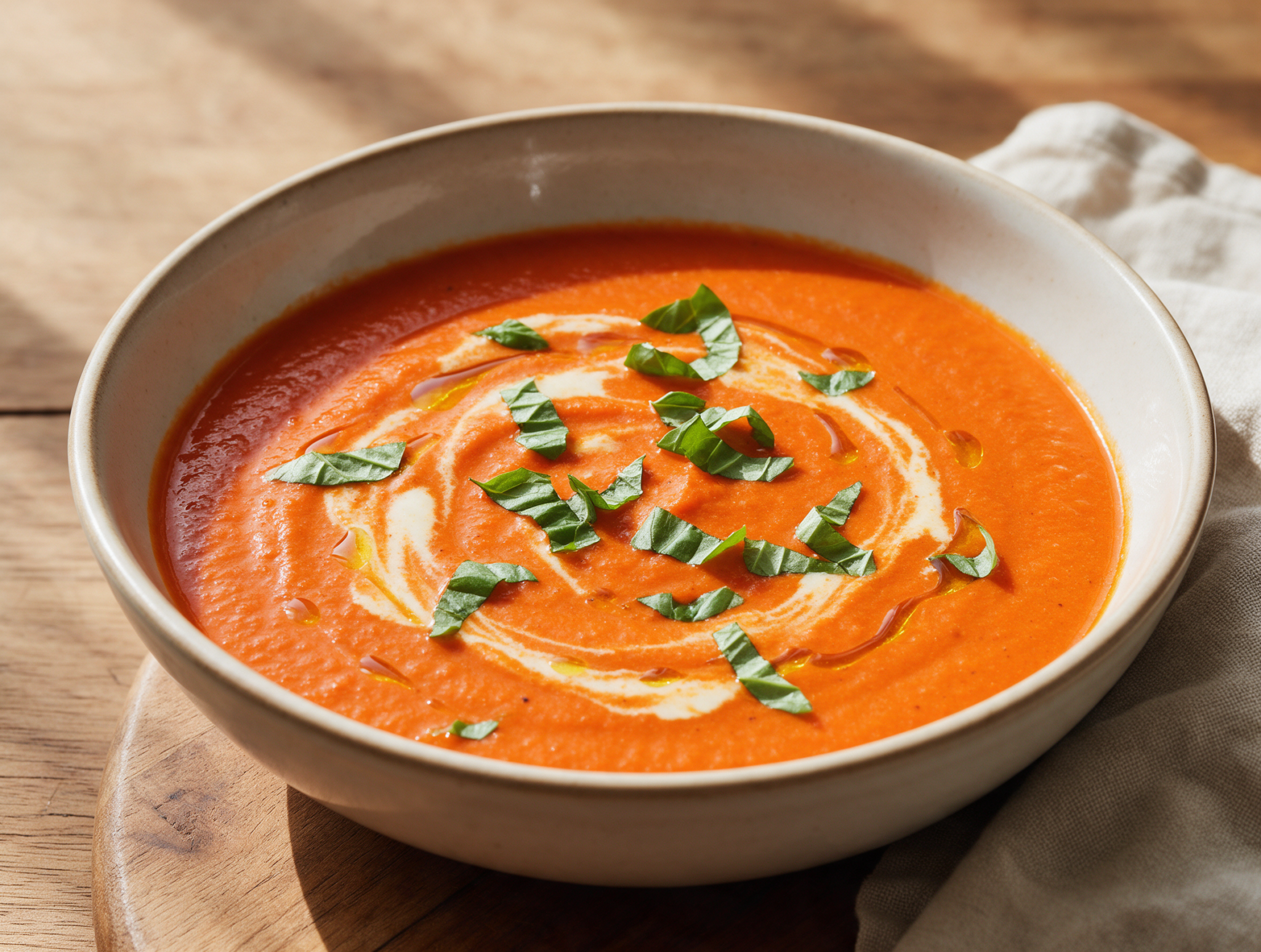 Bowl of roasted red pepper and tomato soup topped with torn basil and a cream swirl on a wooden table