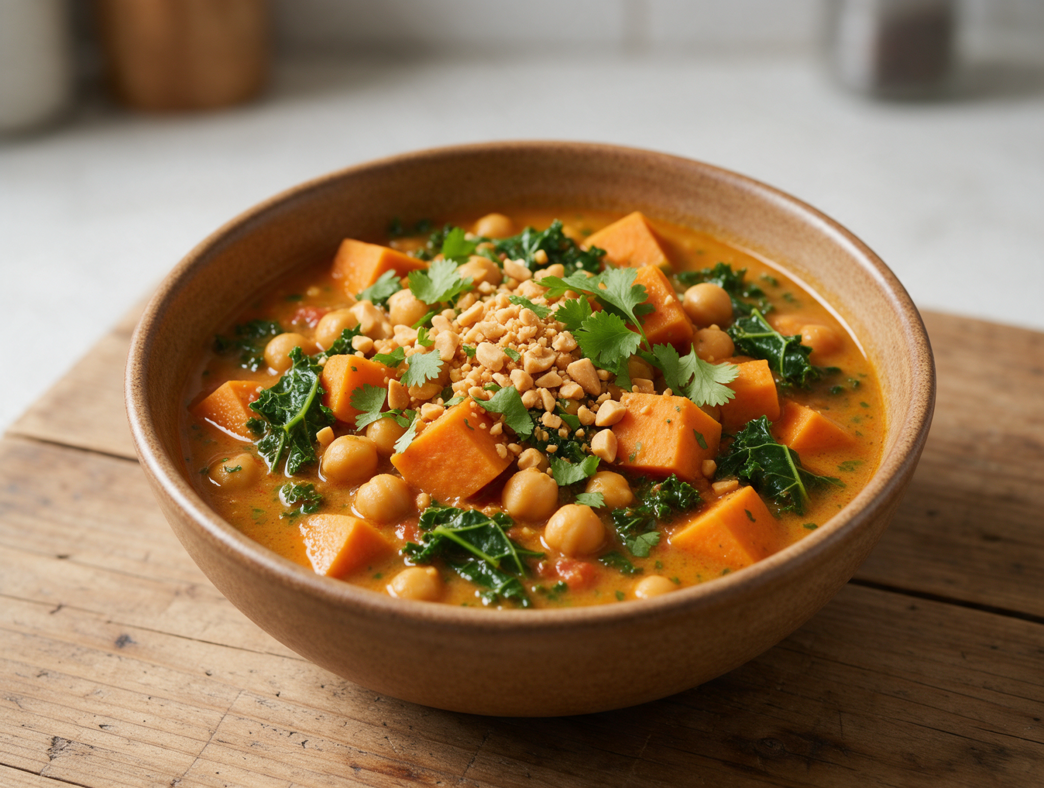 Overhead view of sweet potato and peanut stew with kale and chickpeas in a ceramic bowl, topped with crushed peanuts