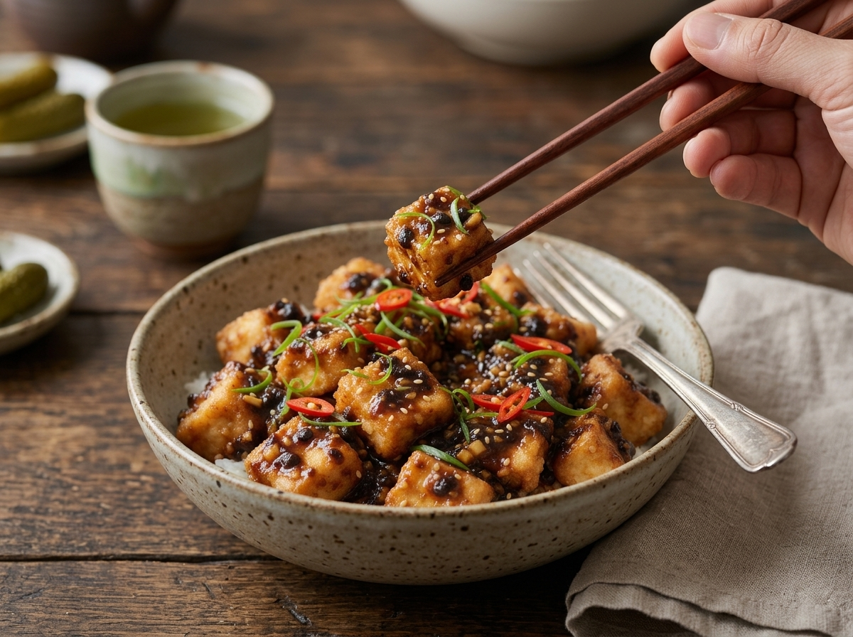 Two bowls of tofu and rice on a linen napkin at a wood table, chopsticks resting beside a glass of tea.