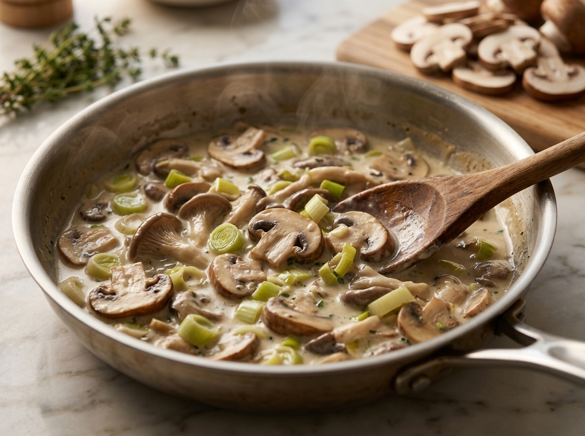 Wooden spoon stirring cremini and oyster mushrooms with sliced leeks in a bubbling cream sauce in a steel skillet.