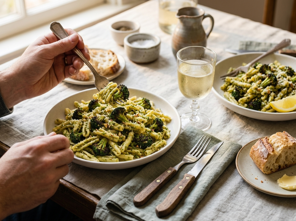 Two bowls of charred broccoli pasta on a linen napkin beside a glass of white wine at a sunlit table