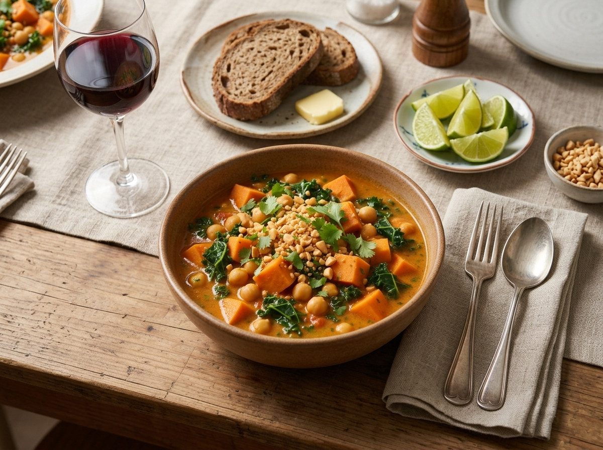 Hands holding a warm bowl of peanut stew at a linen-topped table with lime wedges and chopped peanuts nearby