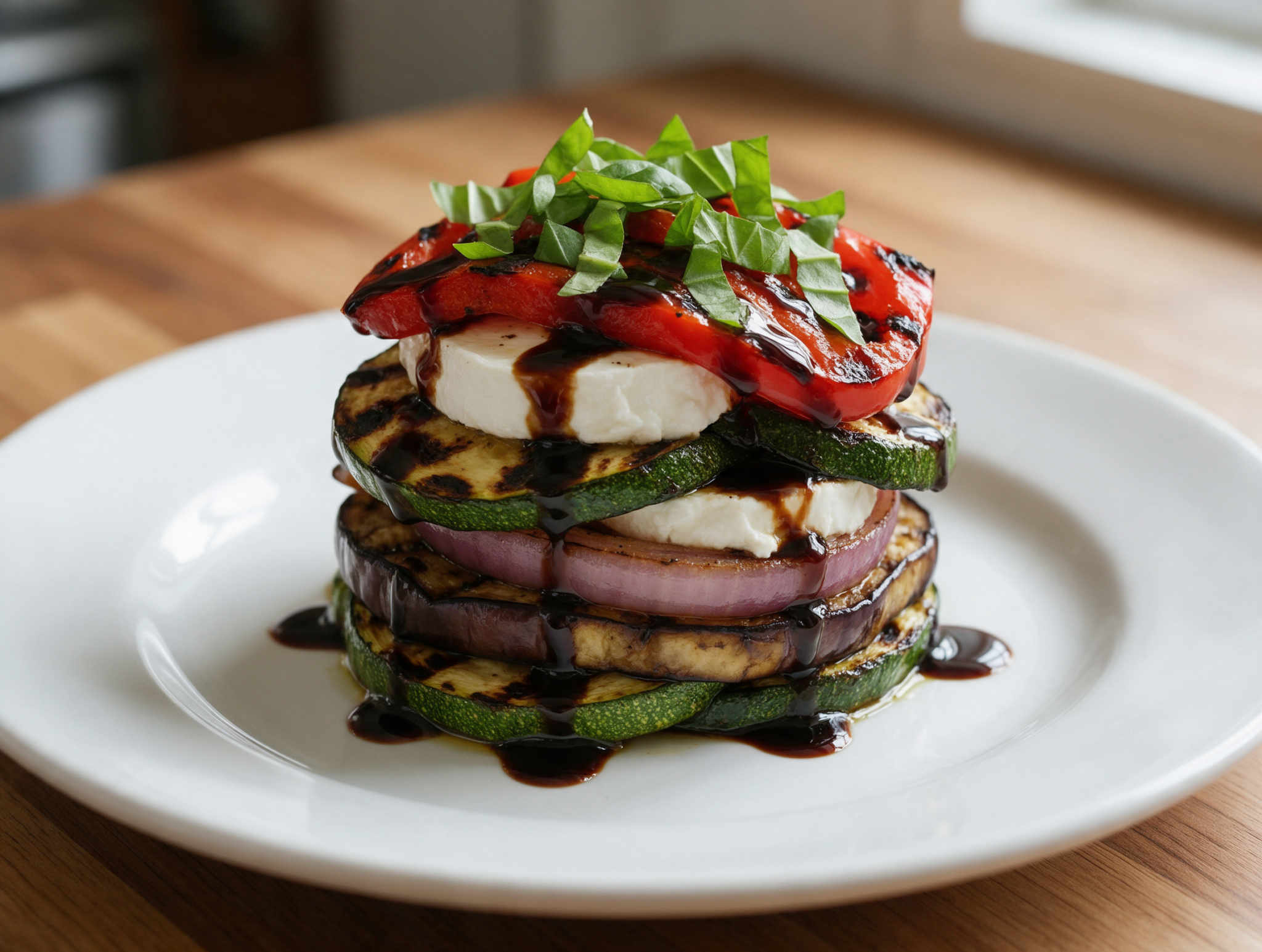 Overhead view of a grilled vegetable and goat cheese stack with charred zucchini, eggplant, and a balsamic drizzle on a white plate