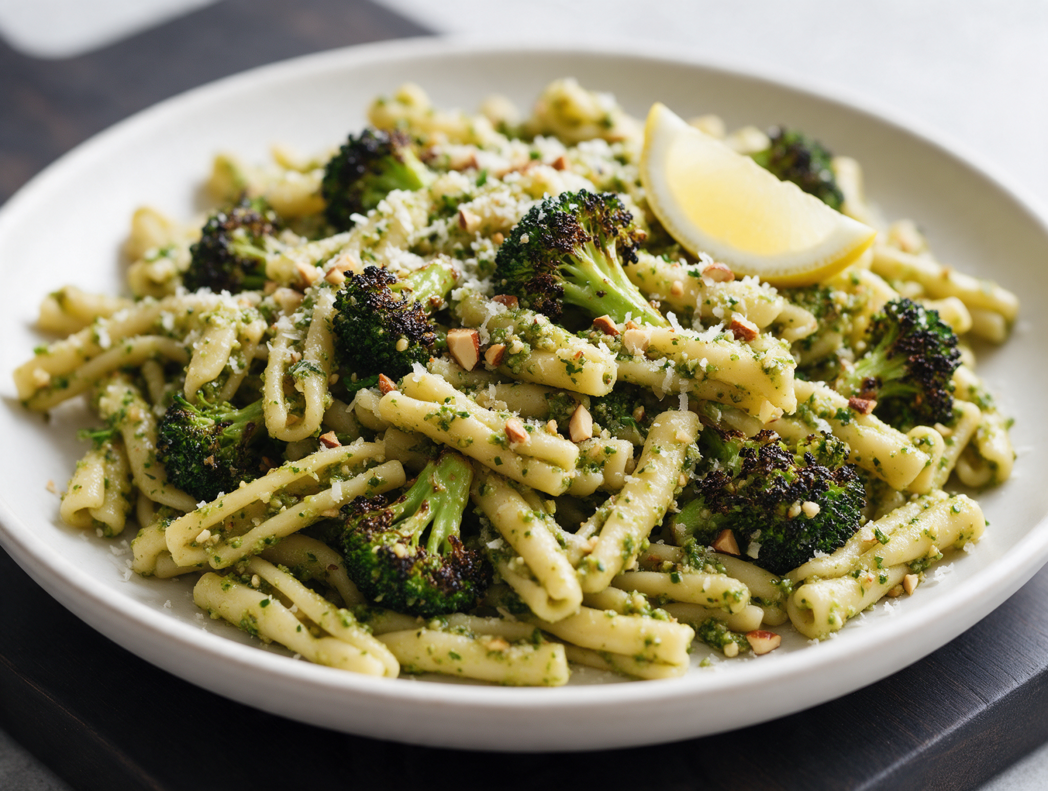 Overhead shot of casarecce pasta tossed with almond pesto and blackened broccoli florets on a wooden board