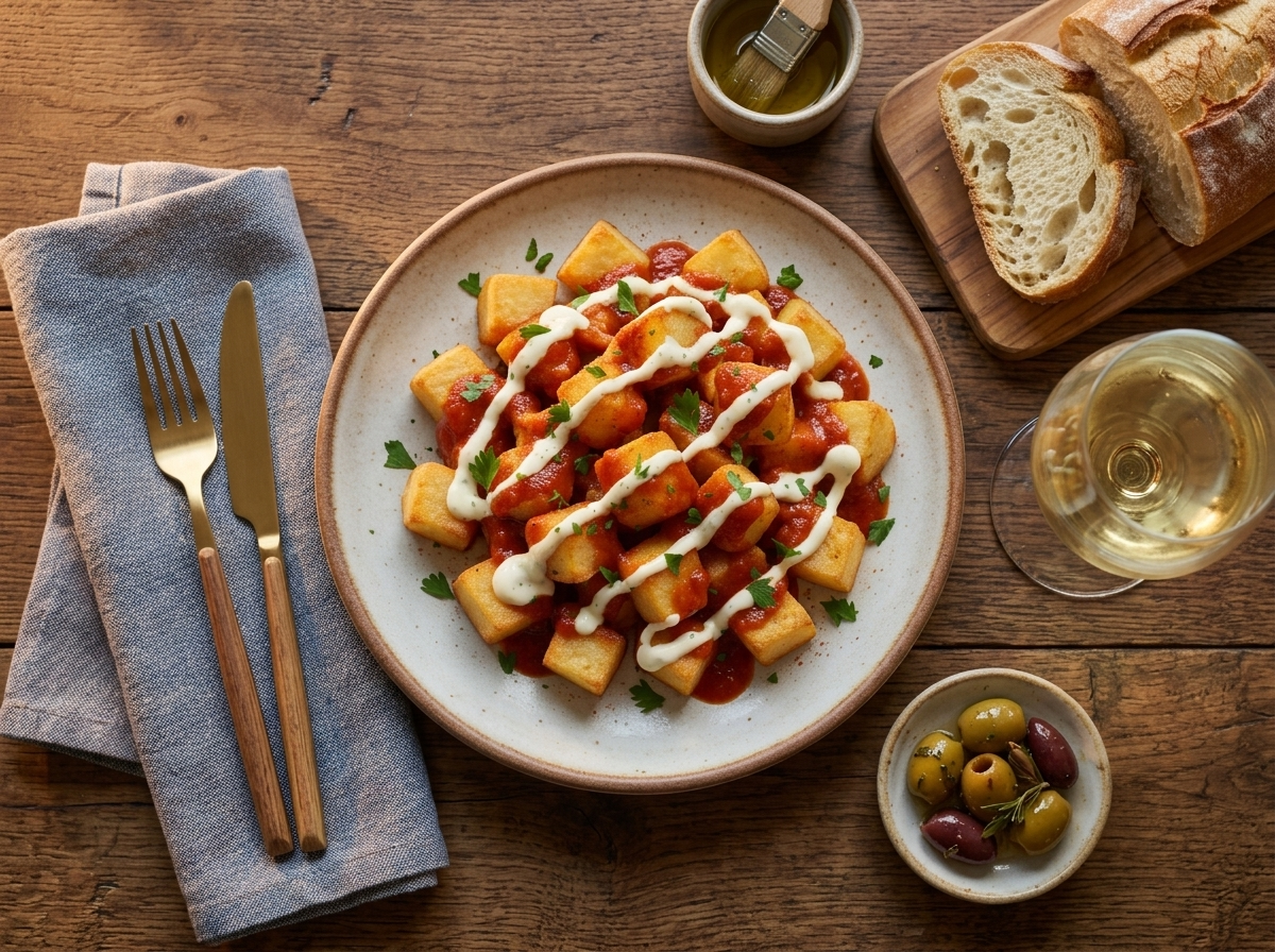 A tapas table with patatas bravas, a glass of red wine, and crusty bread on a linen napkin in afternoon light.