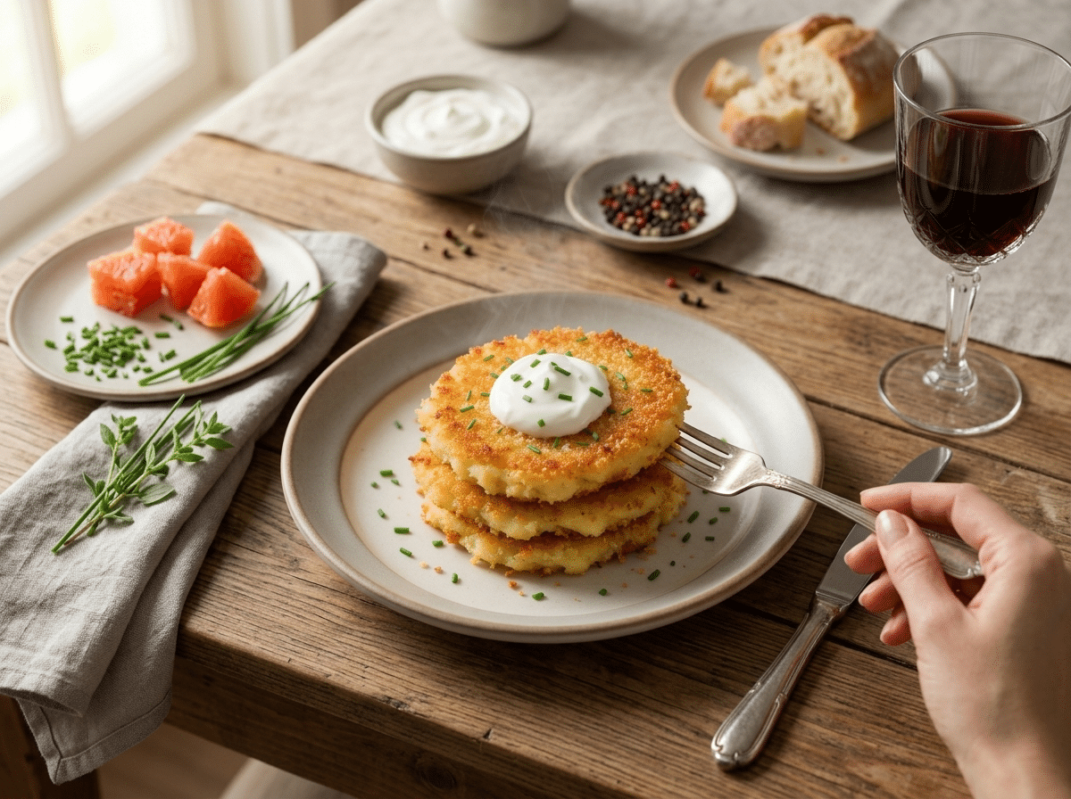 Hands lifting a crisp potato cake with a fork at a rustic table set with a linen napkin and small bowl of sour cream.