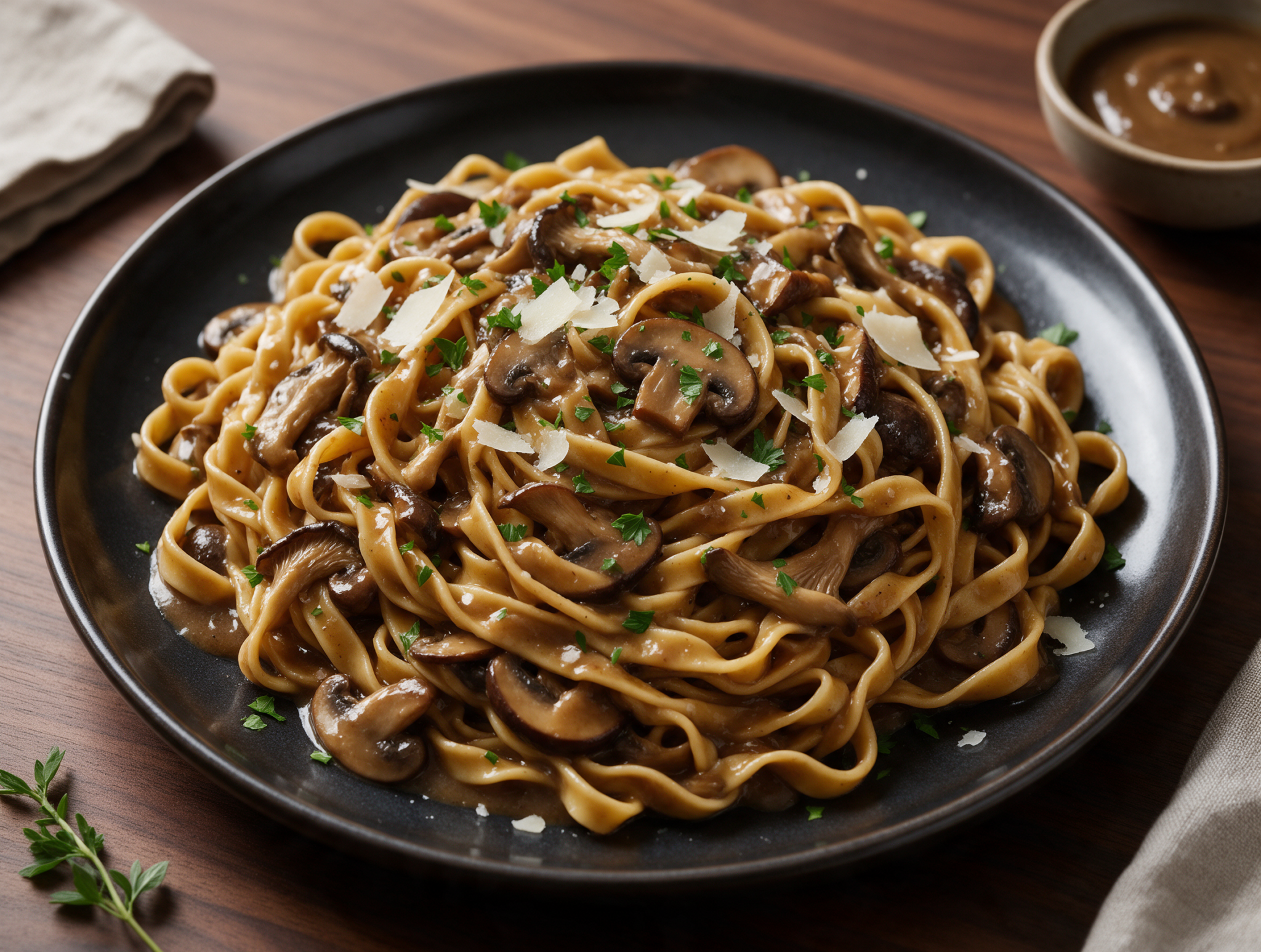 Overhead shot of tagliatelle tangled in creamy mushroom sauce, topped with parsley and shaved parmesan on a dark plate.