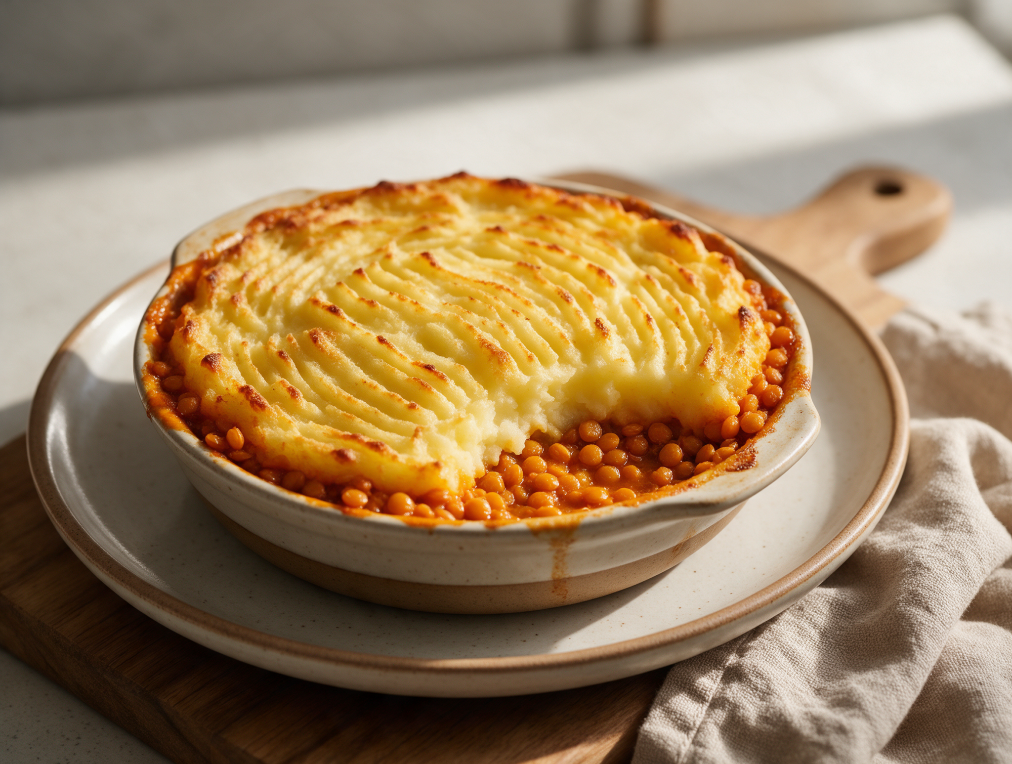 Baking dish of smoky lentil shepherd pie with golden fork-ridged mashed potato top and lentil filling visible at the cut edge