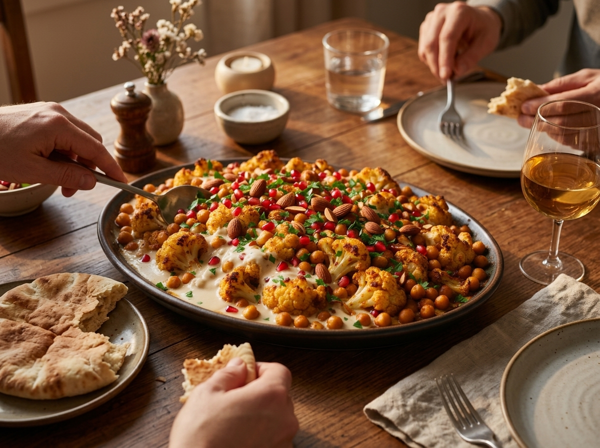 Two people sharing a platter of spiced cauliflower bake at a wooden table with torn pita and a glass of wine nearby