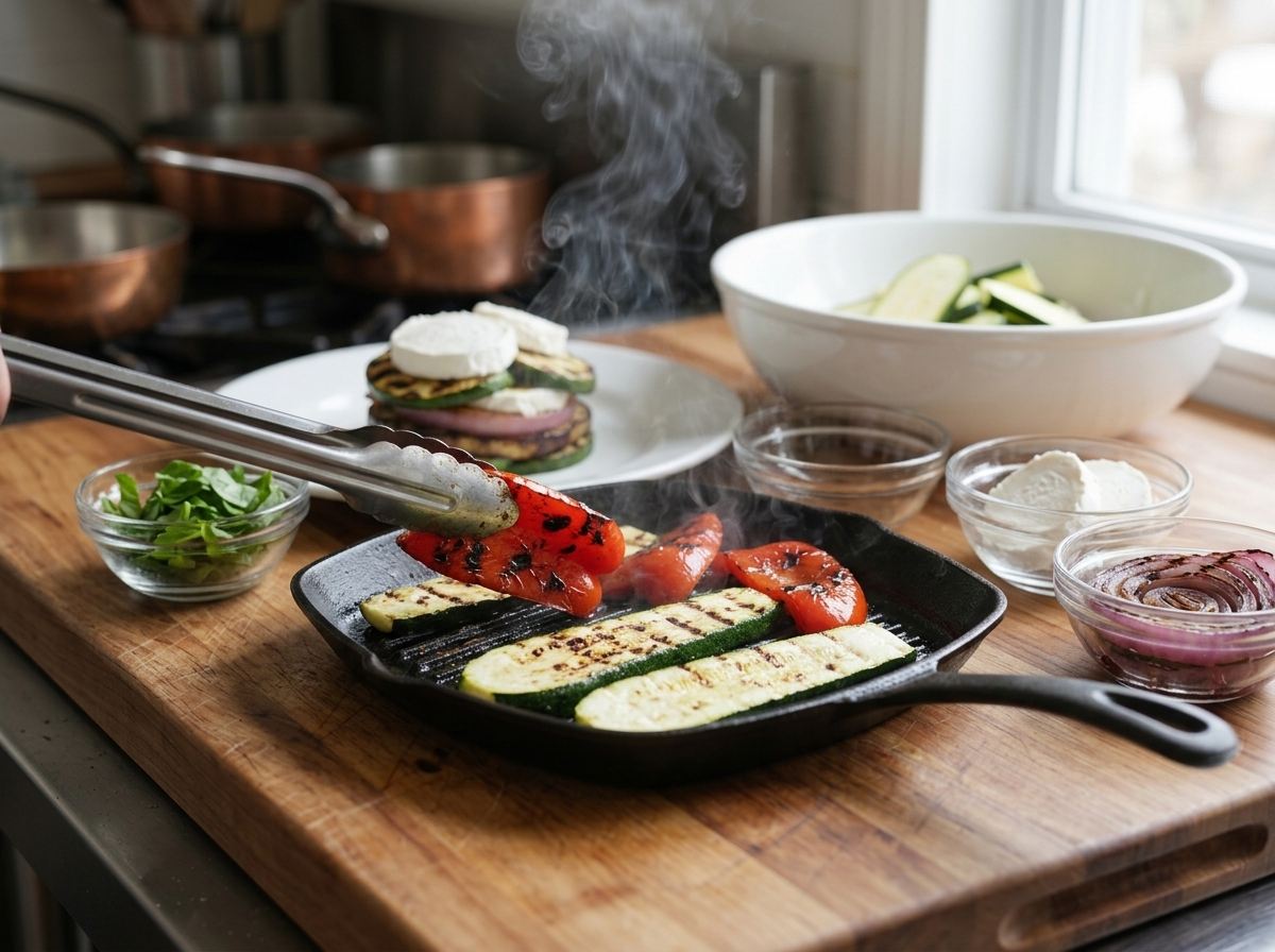 Zucchini and red bell pepper slices char on a hot grill pan while tongs turn a blistered pepper piece nearby