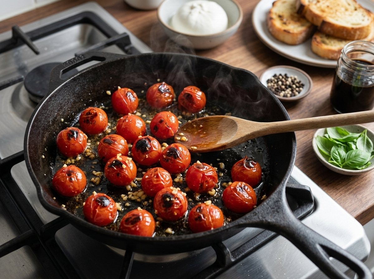 Cherry tomatoes blistering and splitting in a hot cast-iron skillet, skins charred black in spots with juices pooling around them.