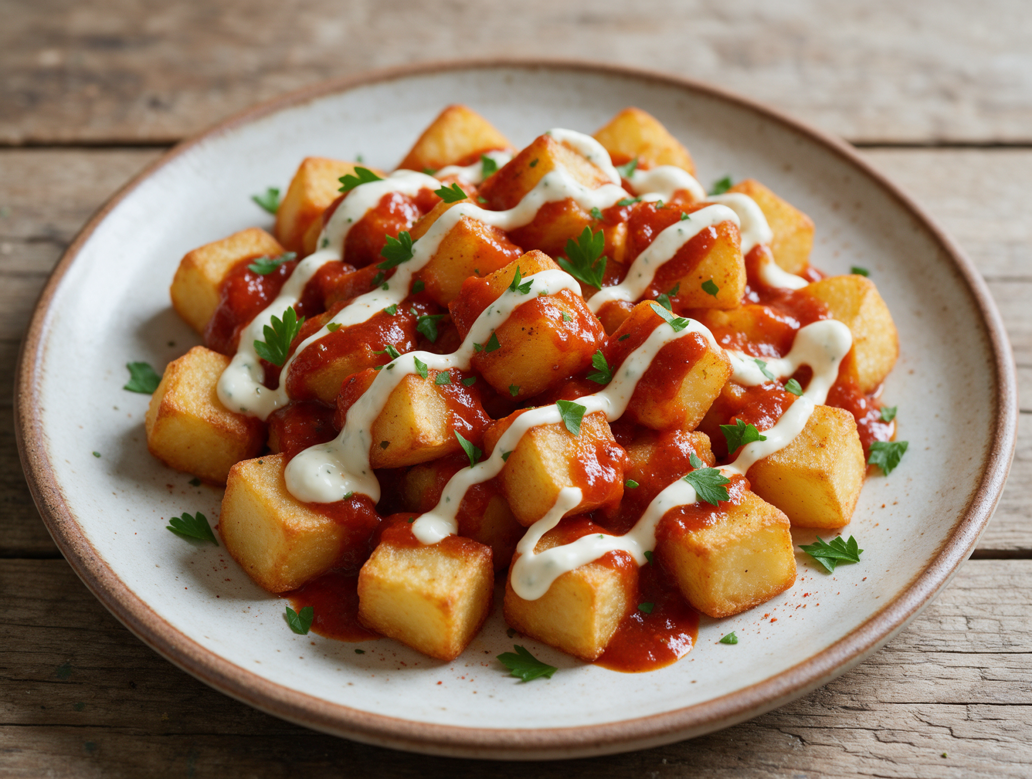 Overhead view of crisp roasted potato cubes coated in smoky paprika bravas sauce with garlic aioli on a rustic plate.