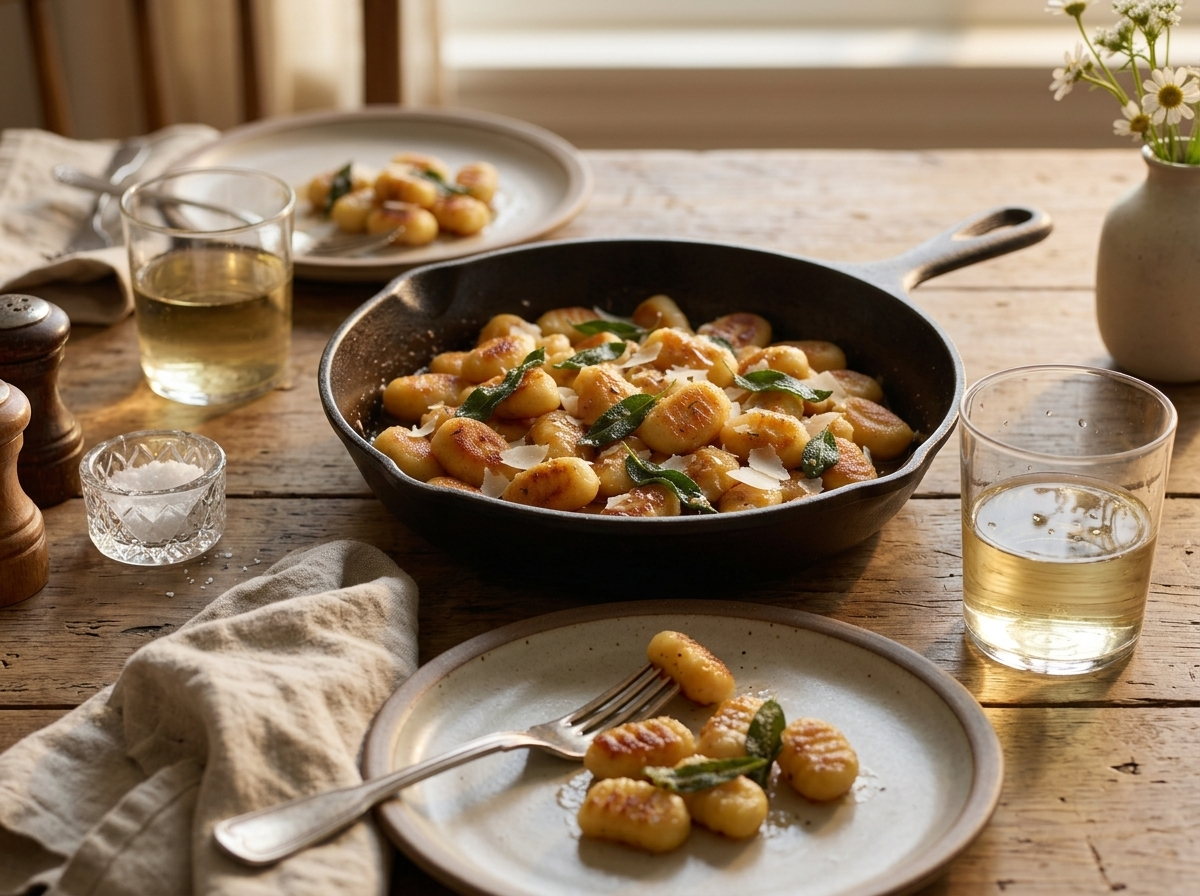 A rustic wood table set with a skillet of gnocchi, linen napkin, glass of white wine, and a fork mid-bite.