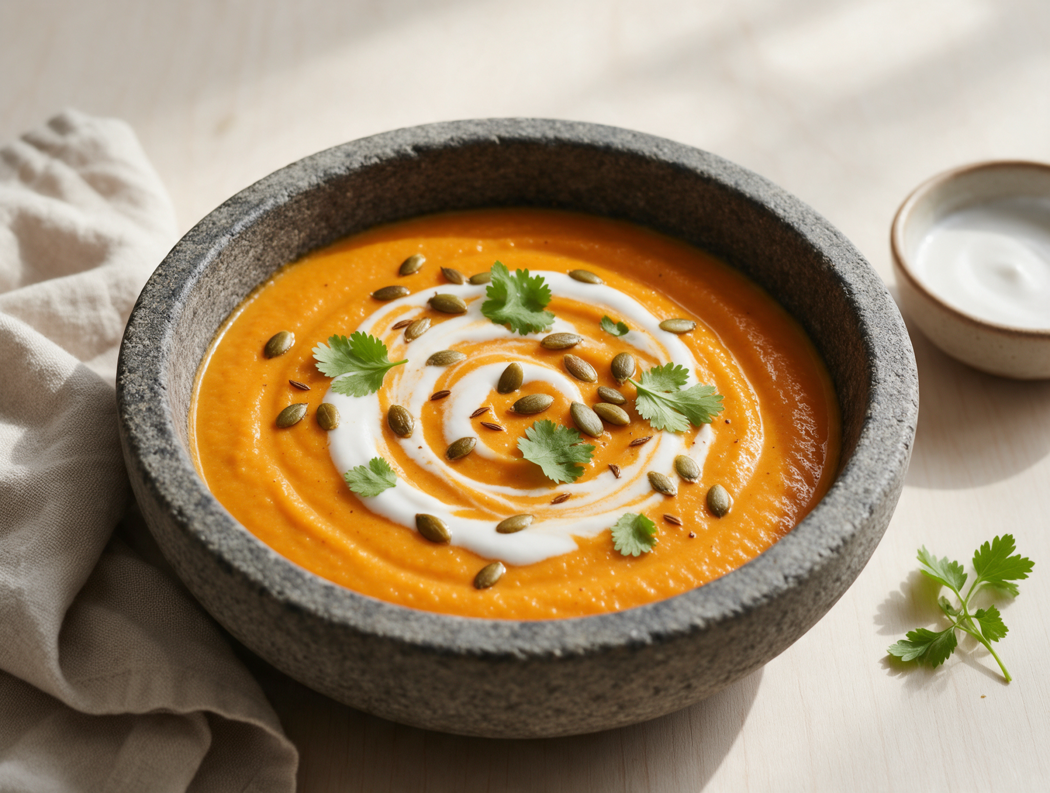 Overhead view of roasted carrot and cumin soup swirled with coconut milk and topped with toasted pepitas in a stone bowl.