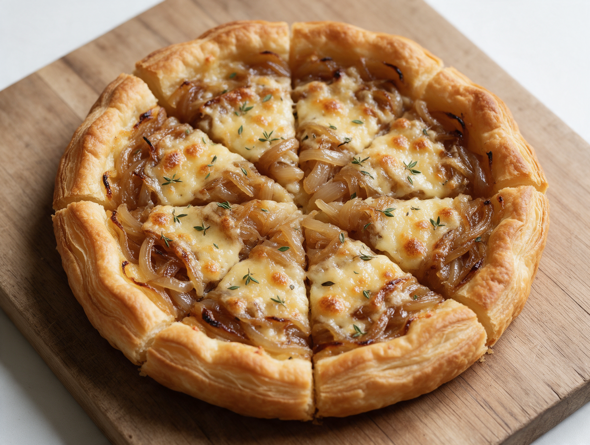 Sliced caramelized onion and Gruyere tart on a rustic wooden board, showing golden puffed pastry and melted cheese.