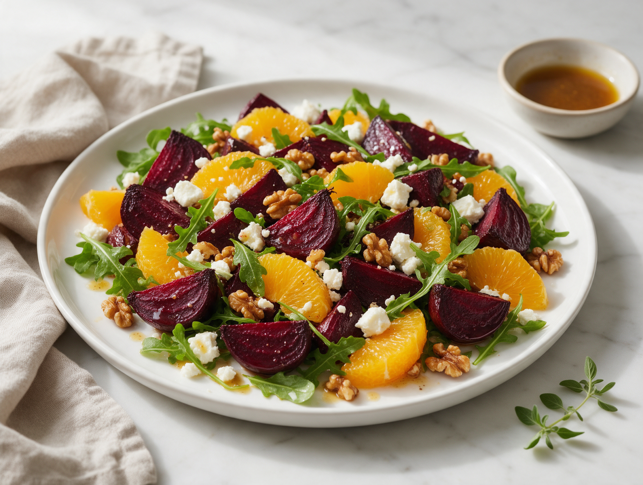 Overhead shot of ruby beet wedges, orange segments, and toasted walnuts scattered over arugula on a white platter.