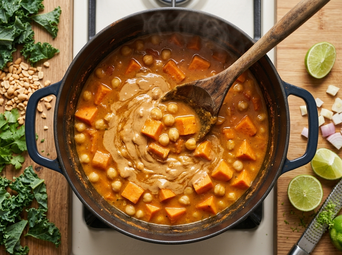 Wooden spoon stirring peanut butter into simmering orange sweet potato stew in a dark Dutch oven on the stovetop