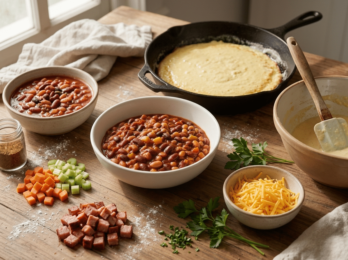 Cast iron skillet sizzling with pale cornbread batter poured over melted butter, spatula scraping a mixing bowl nearby.