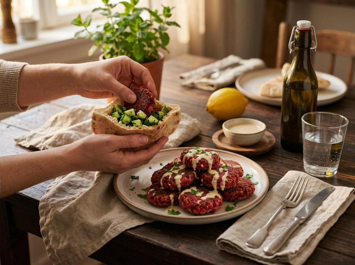 Hands tearing open a warm pita stuffed with beetroot falafel and cucumber at a sunlit linen-covered table.