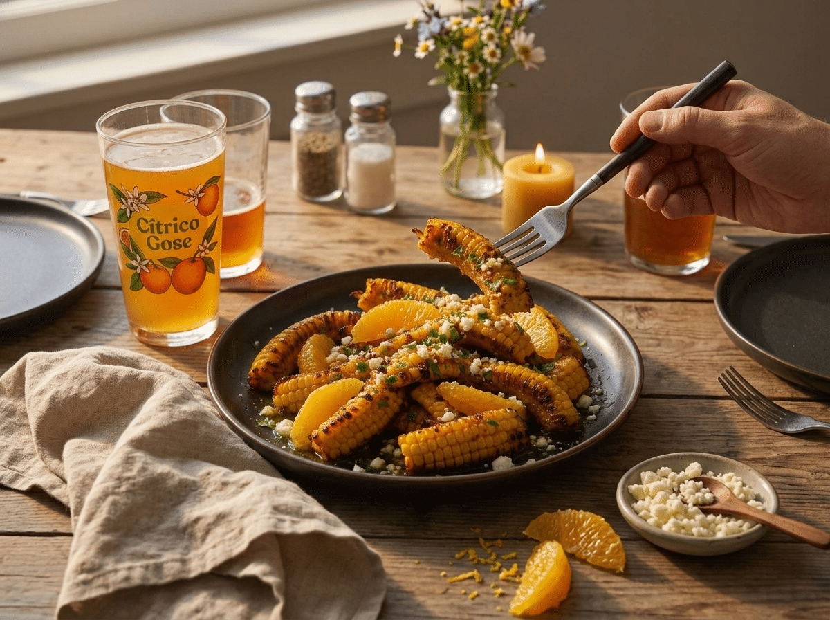 Hand reaching for a charred corn rib on a wooden table set with a linen napkin, beer bottle, and lime wedges