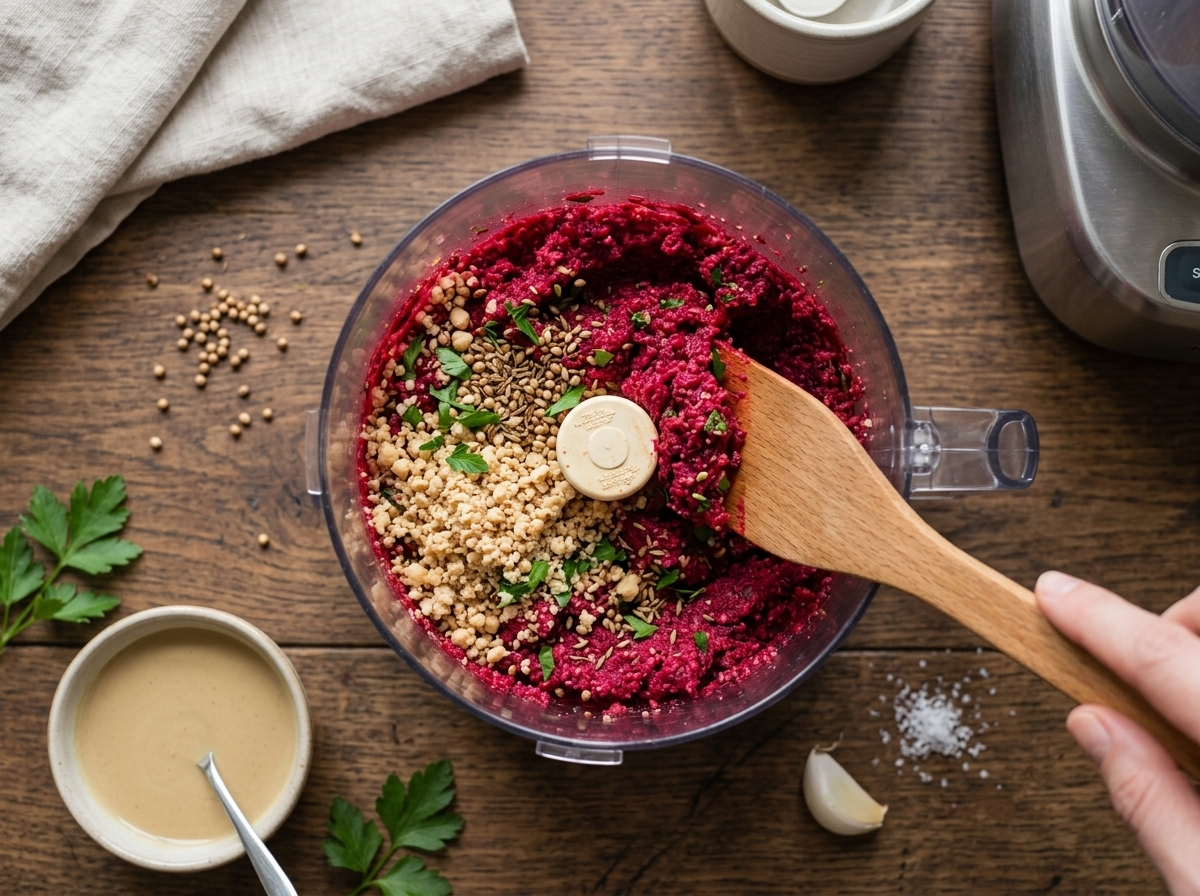 Close-up of beet and chickpea mixture being pulsed and scraped inside a food processor bowl before shaping.