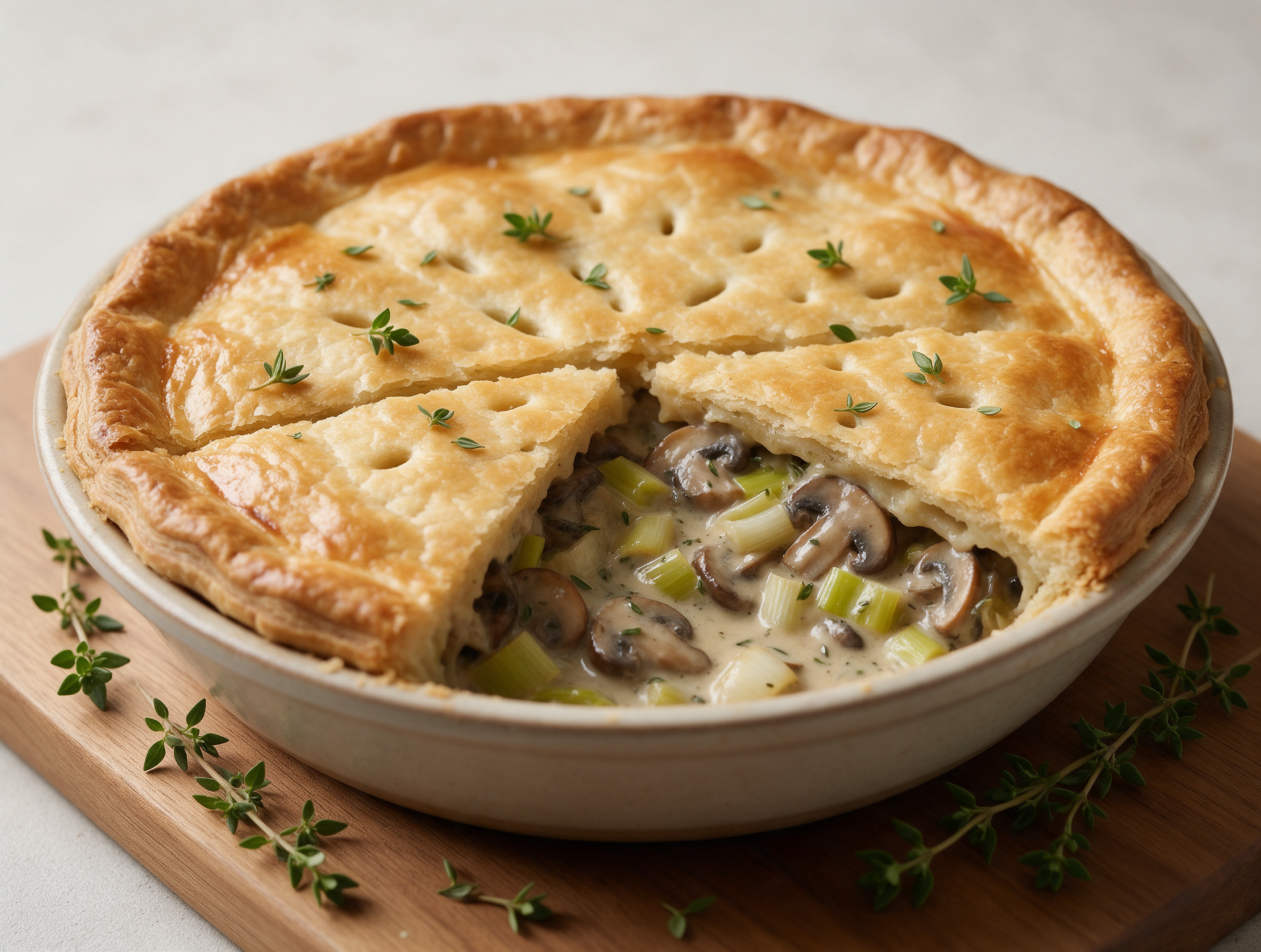 Overhead shot of a golden puff pastry mushroom and leek pie in a ceramic dish, steam rising, rustic wood table.