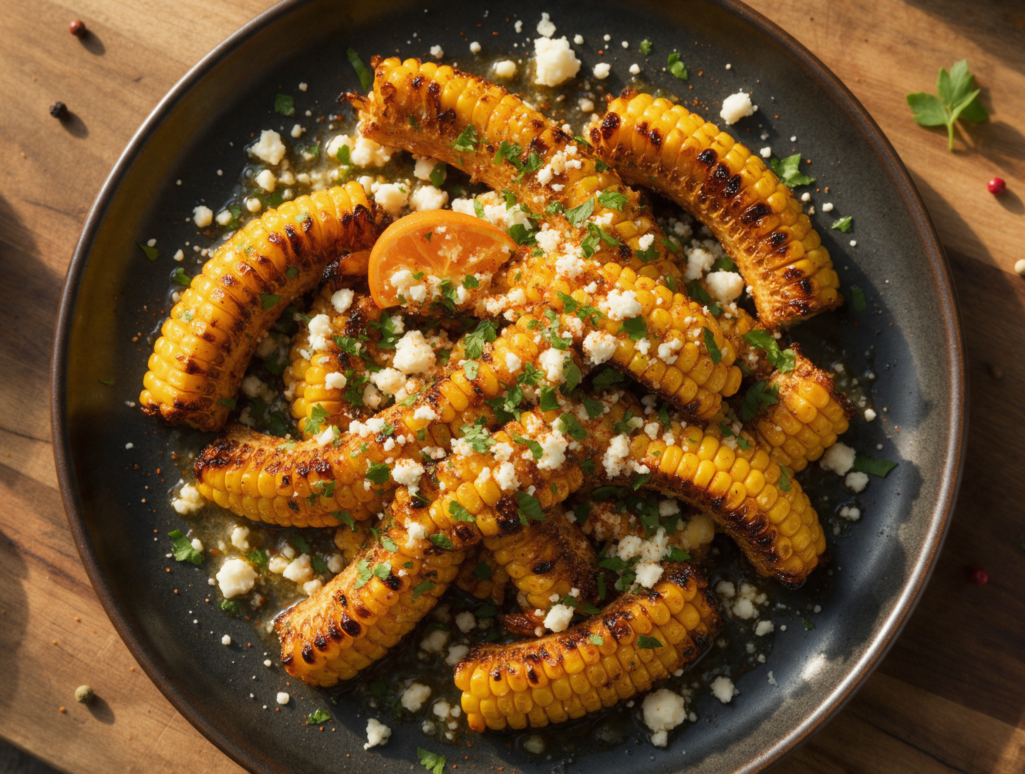 Curled charred corn ribs on a dark plate with melted lime butter, cotija crumbles, and lime wedges on a wooden board
