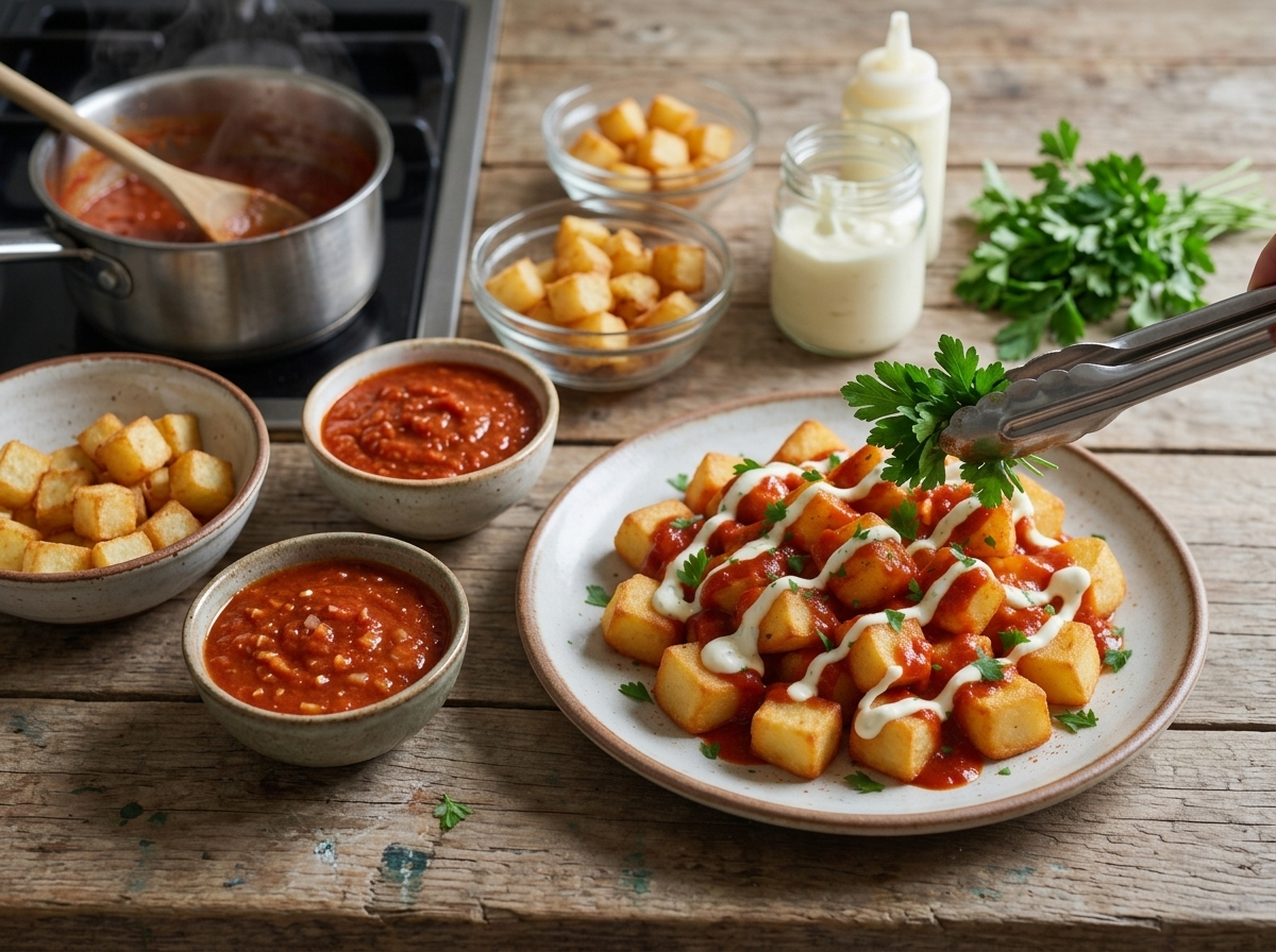 Close-up of deep red bravas sauce simmering and thickening in a saucepan, stirred with a wooden spoon on the stove.