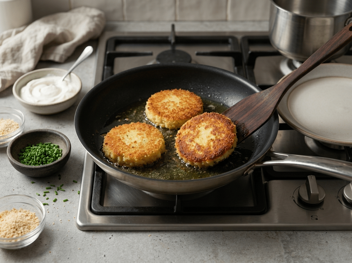 Breaded potato cake sizzling in a nonstick skillet, edges turning deep gold while a wooden spatula lifts one corner.