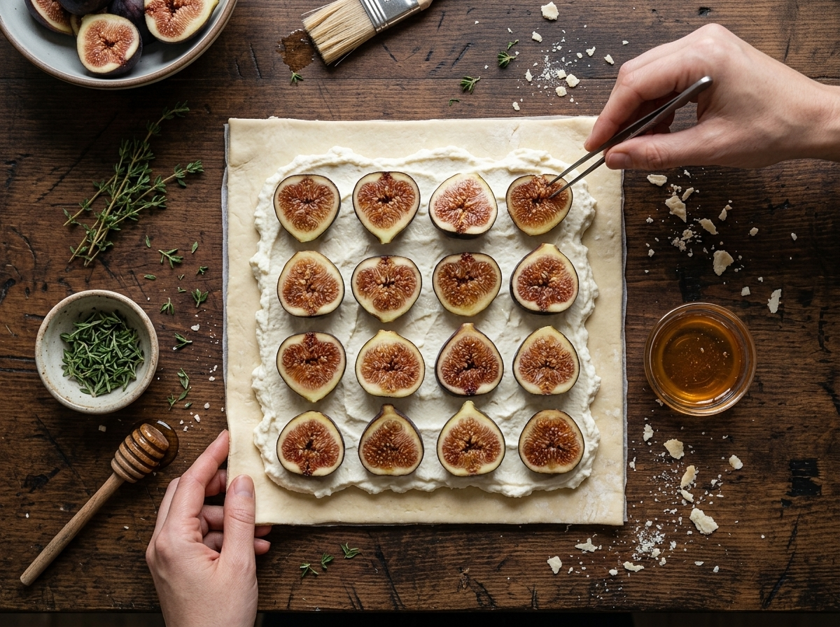 Hands arranging halved figs cut-side up over whipped honey ricotta spread on an unbaked puff pastry sheet
