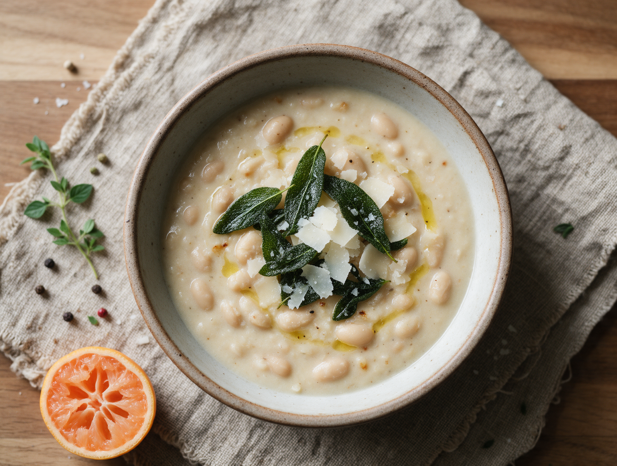 Overhead shot of creamy white bean soup topped with crispy sage and shaved parmesan on a rustic table.