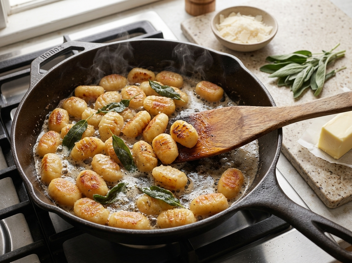 Gnocchi searing in a hot skillet, edges blistered and golden, olive oil sizzling around each piece.