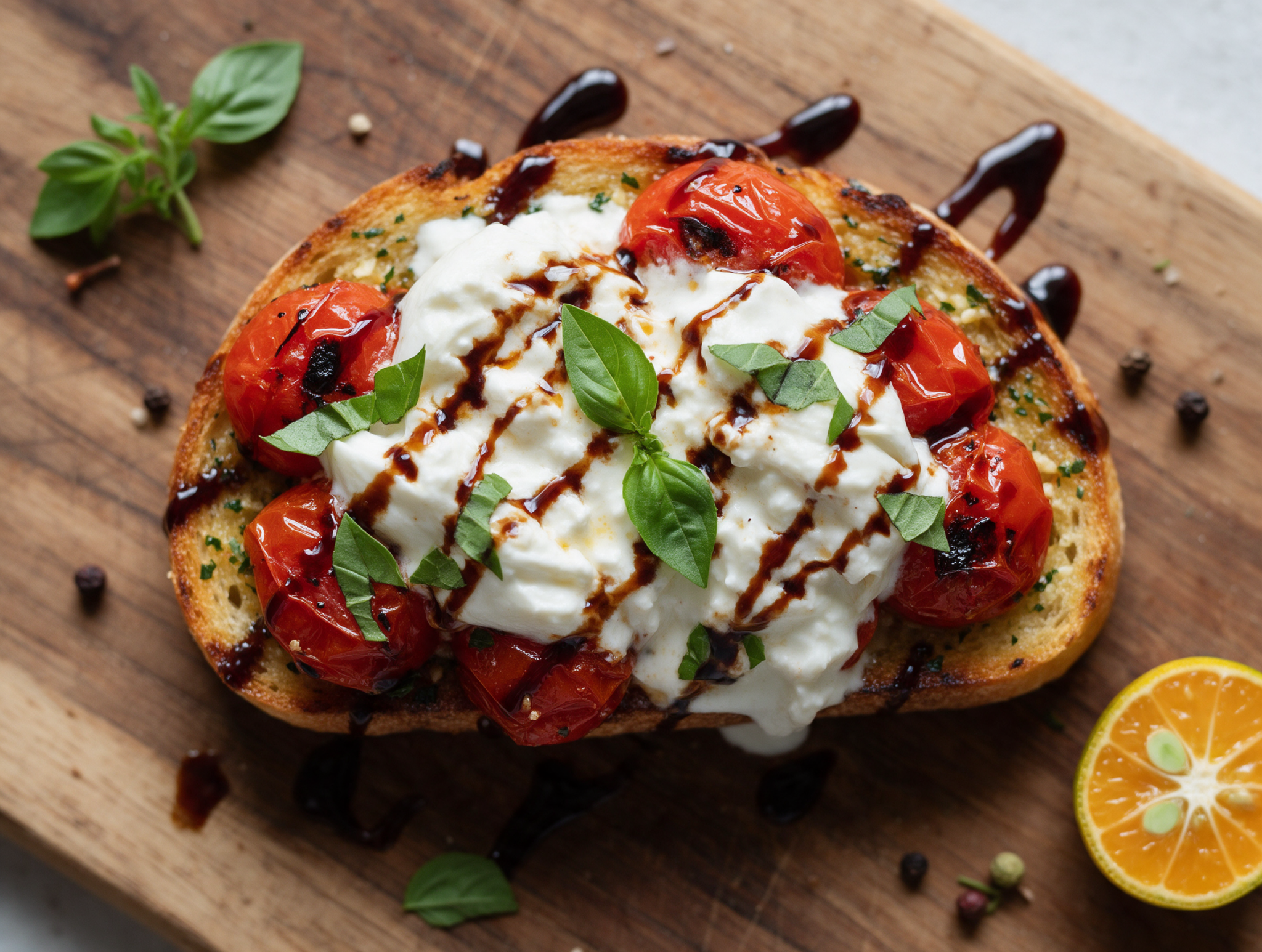 Overhead view of burrata bruschetta on a wood board, torn cheese spilling cream over blistered charred cherry tomatoes and basil.