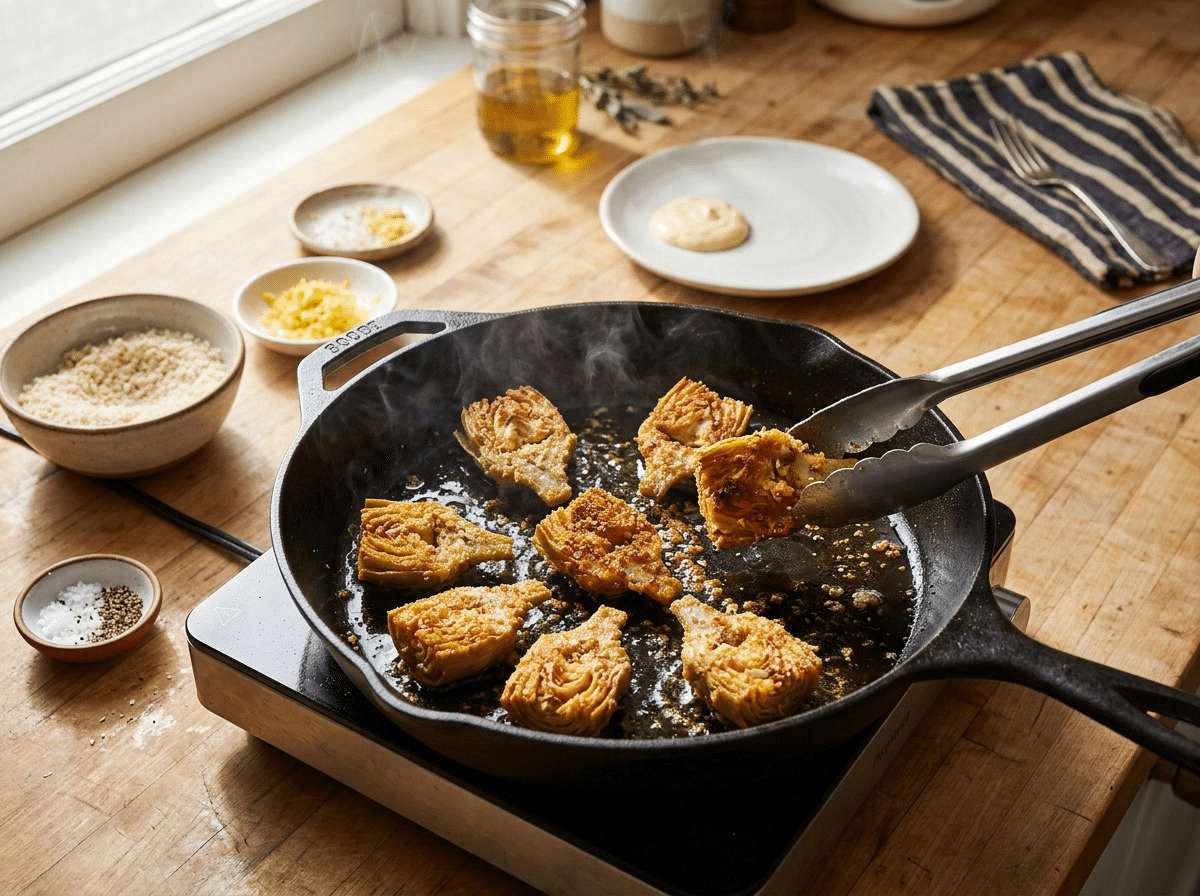 Panko-coated artichoke quarters frying golden in a cast iron skillet of olive oil while tongs lift one crisp piece