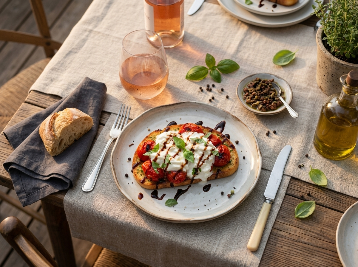 A hand reaching for a slice of burrata bruschetta at an outdoor table set with a linen napkin and glass of rosé.