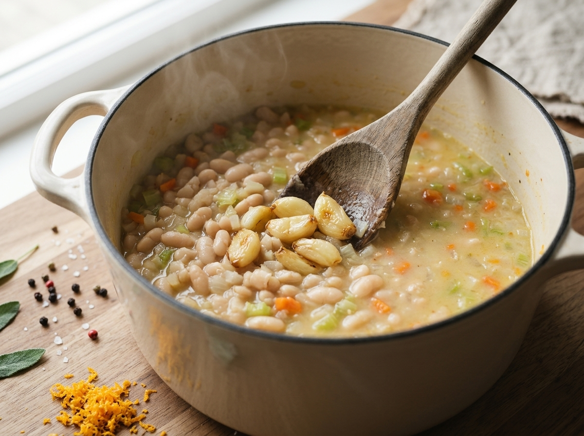 Wooden spoon mashing roasted garlic cloves into a pot of simmering white beans, onions, and carrots.