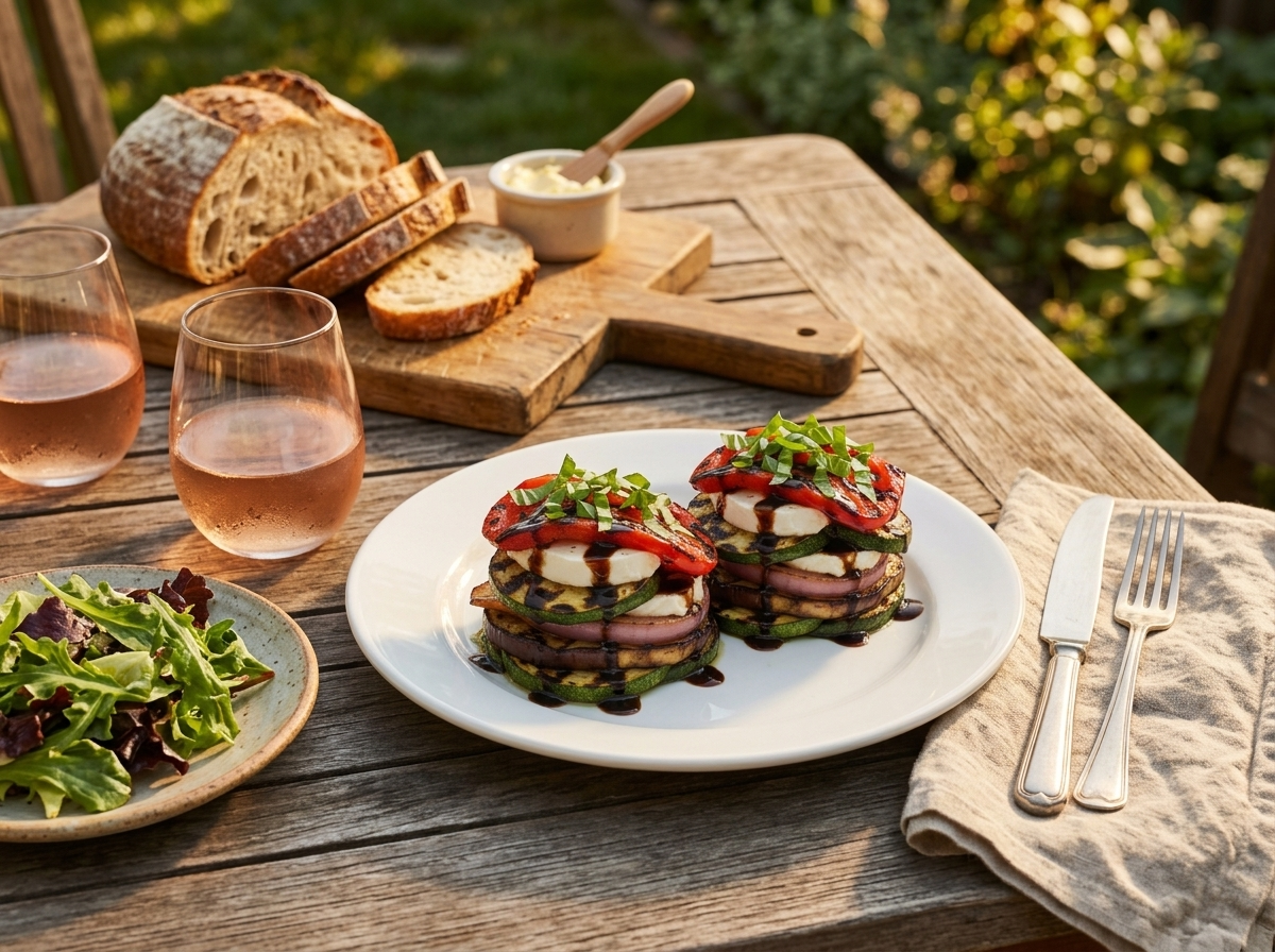Two goat cheese vegetable stacks plated outdoors on linen with rosé wine glasses and a board of crusty bread