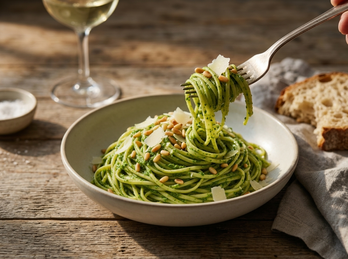 Hands twirling forkful of pesto linguine at a rustic table set with wine, bread, and a folded linen napkin