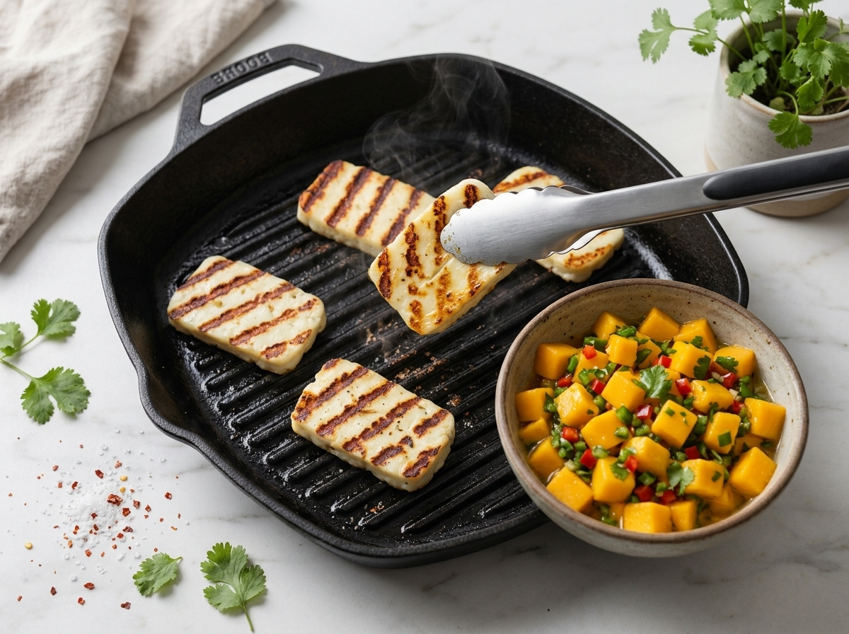 Halloumi slices sizzling on a ridged grill pan, dark char stripes forming as tongs lift one edge to check color.