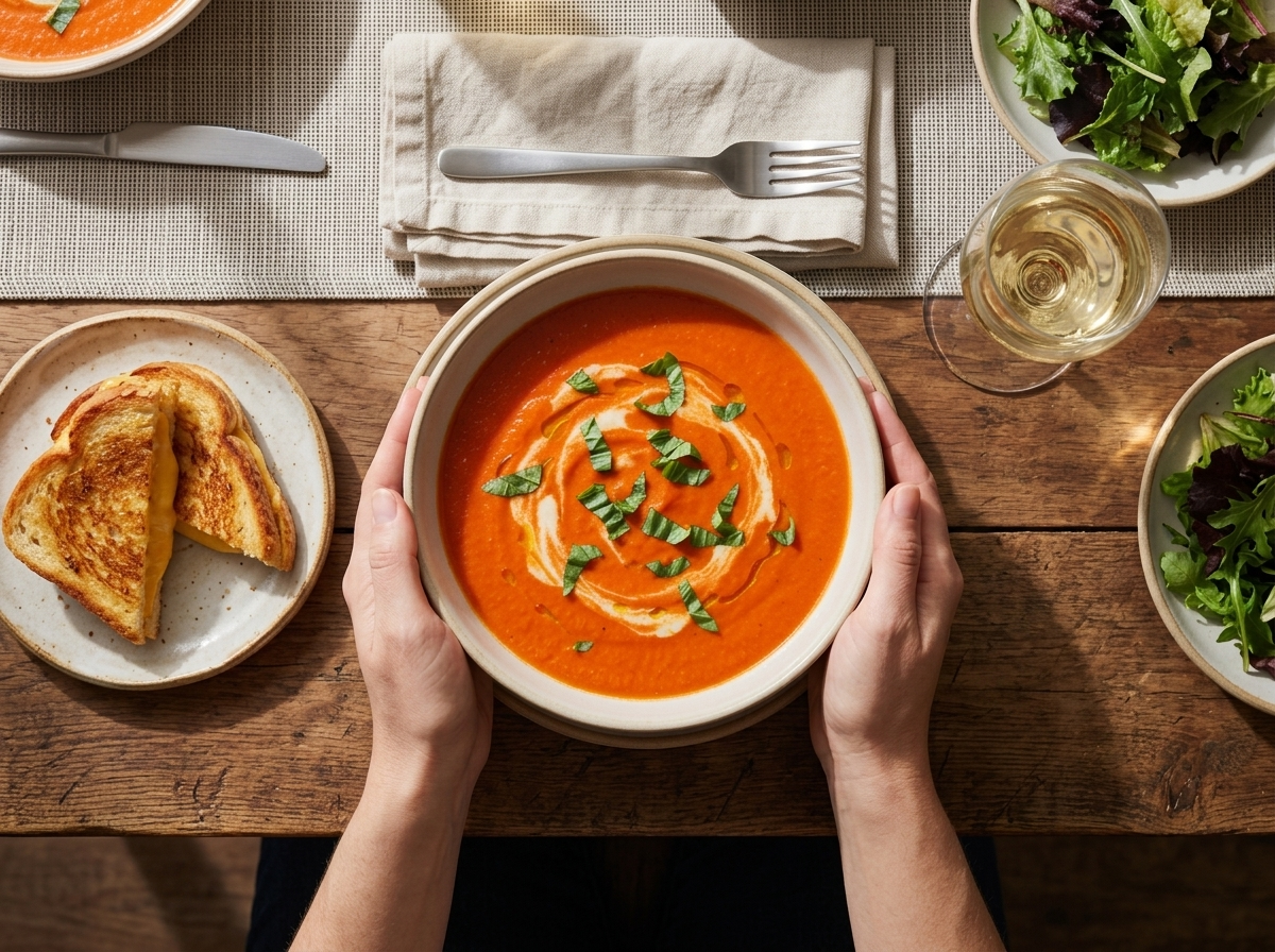 Hands holding a warm bowl of tomato soup beside a grilled cheese sandwich and glass of wine at lunch