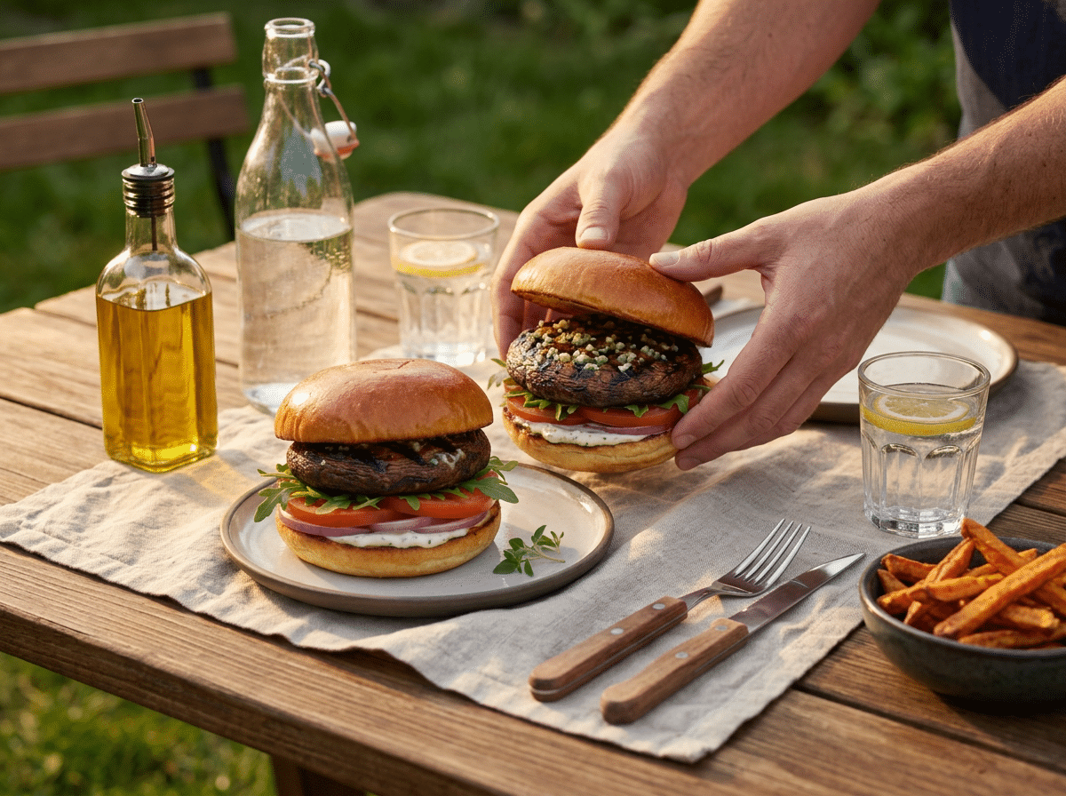 Hands lifting a grilled portobello burger at a picnic table with linen napkins and a side of sweet potato fries