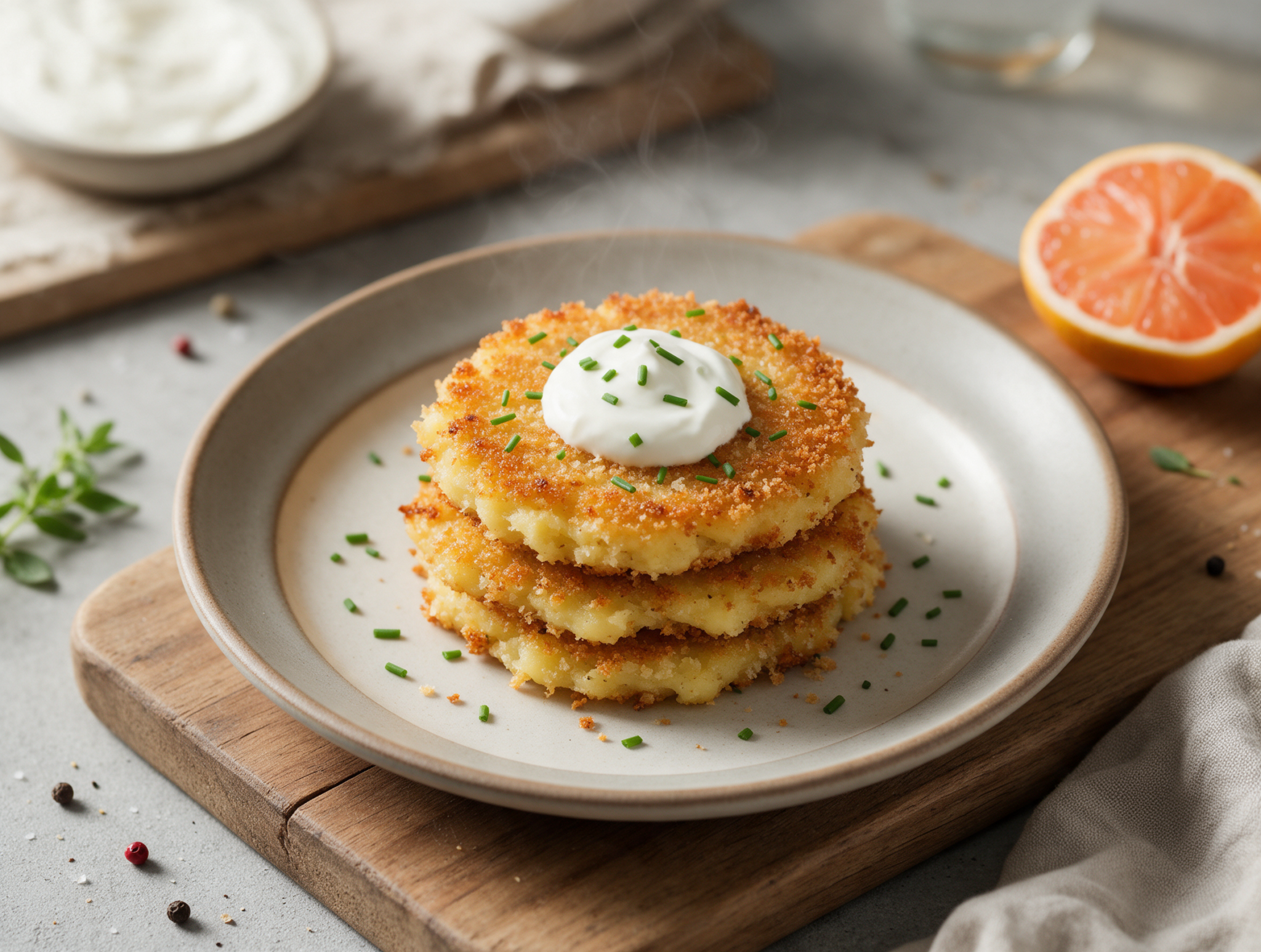 Stack of golden-brown roasted garlic mashed potato cakes on a wooden board with sour cream and chives on top.