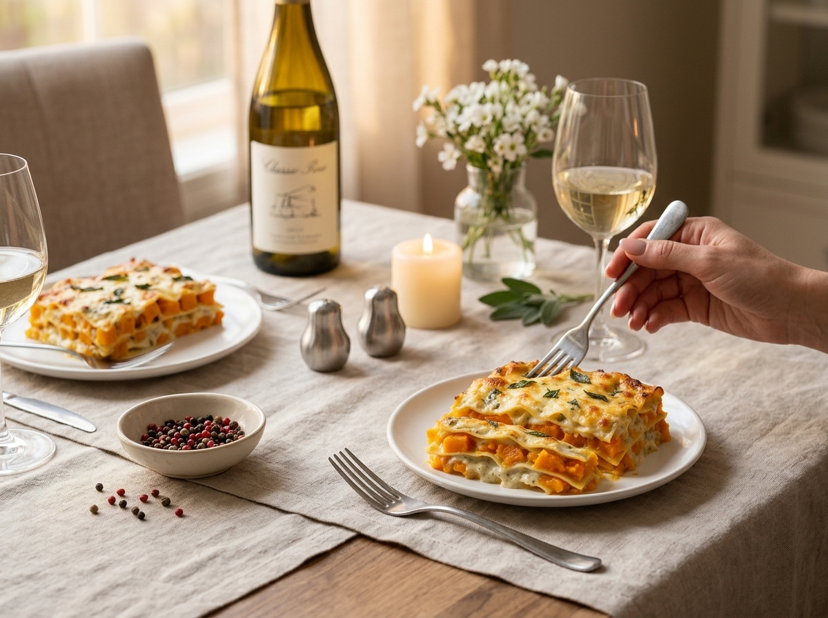 Two plates of squash lasagna on a linen-draped table with forks, a glass of white wine, and warm afternoon light.
