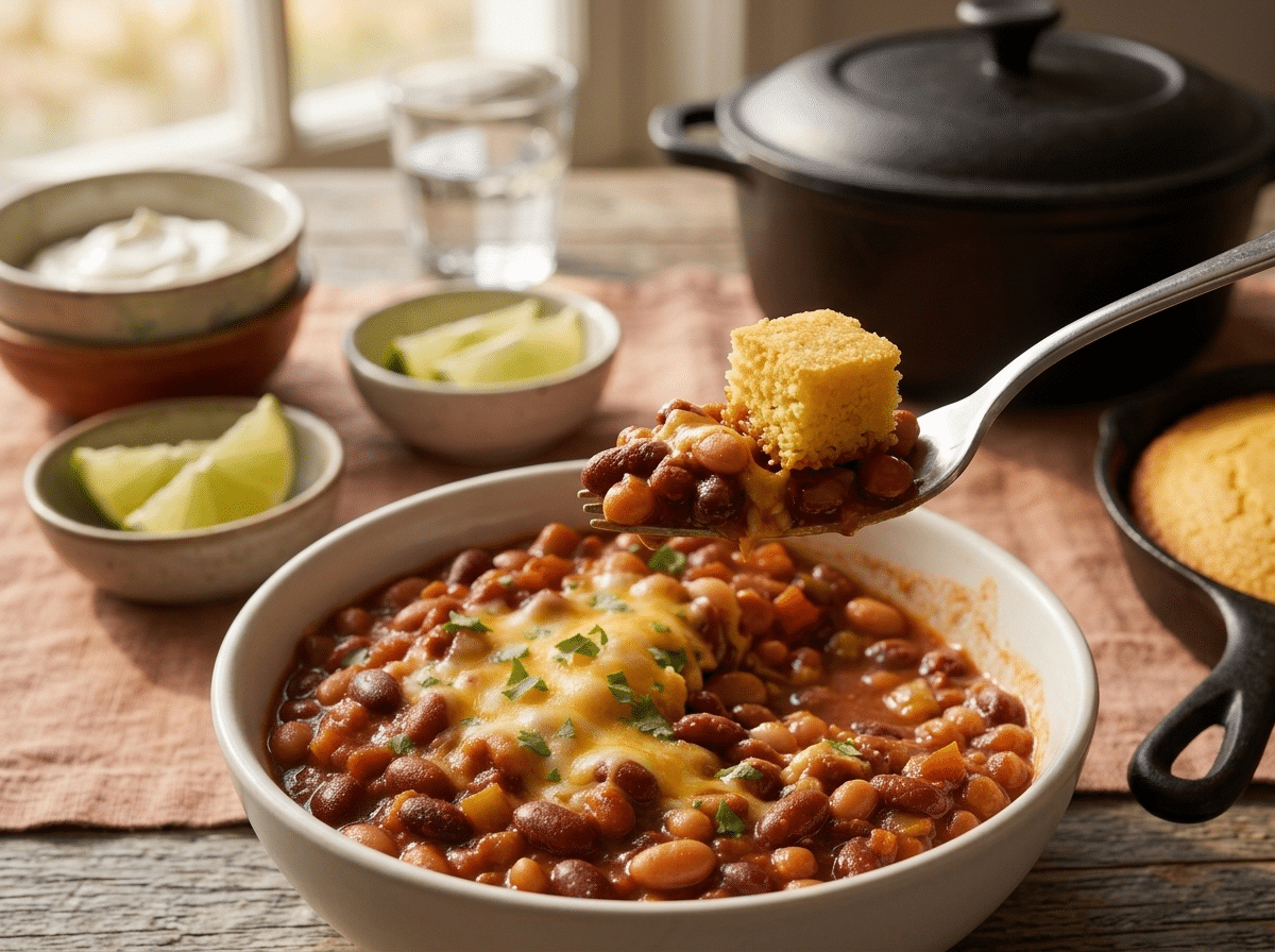 Table set with a dutch oven of bean chili, cornbread skillet, and linen napkins as hands reach for a wedge.