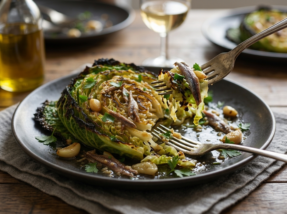 A hand reaches for charred cabbage at a rustic wood table set with linen napkins and a glass of white wine.