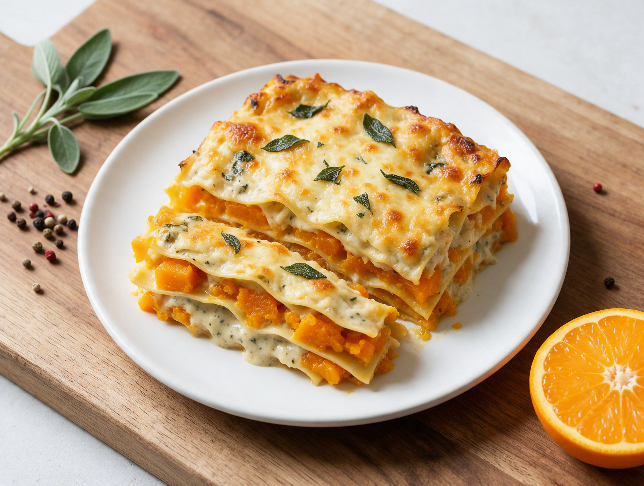 Sliced roasted squash and sage lasagna on a wooden board showing golden cheese layers and crispy sage leaves on top.